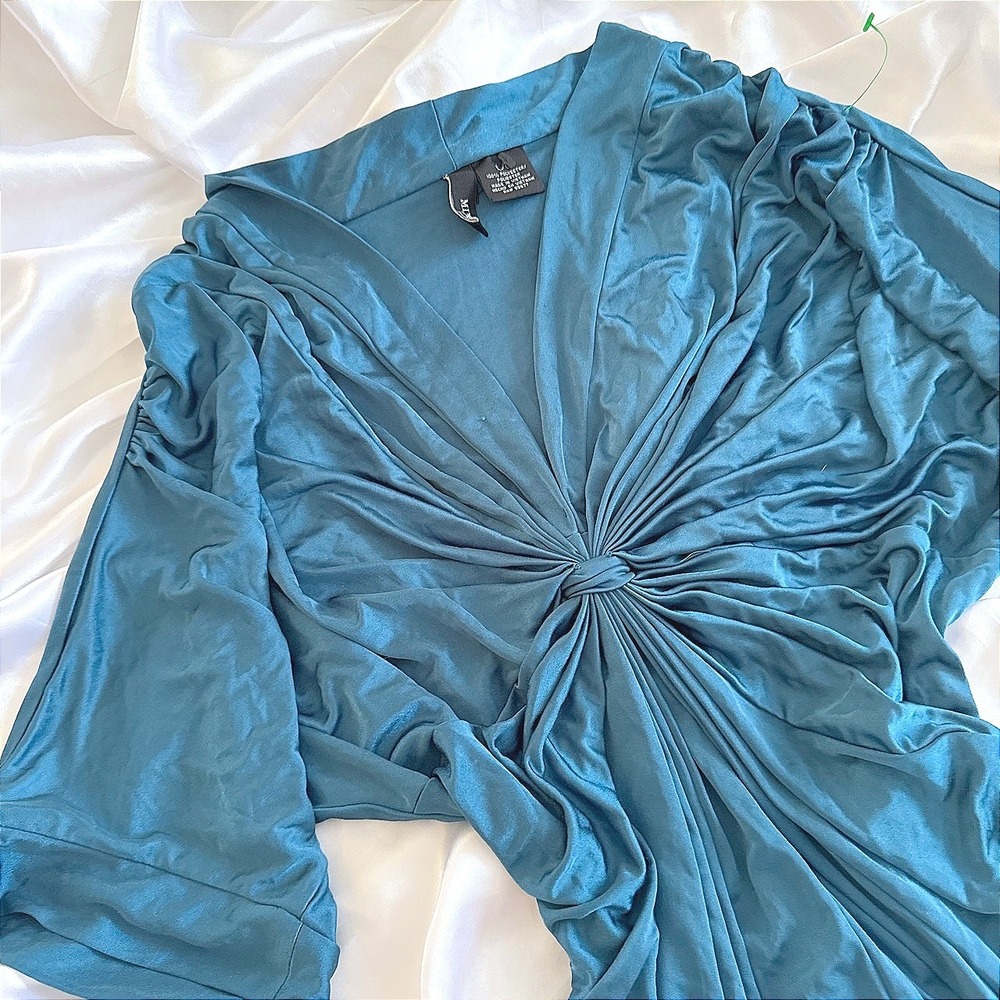 Mixit Teal Blue V-Neck Knot Front Ruched Dolman Sleeve Blouse Large